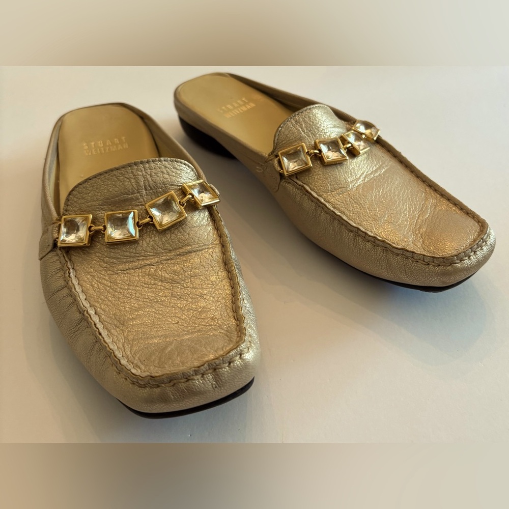 Stuart Weitzman Pale Gold Jeweled Mules Size 7